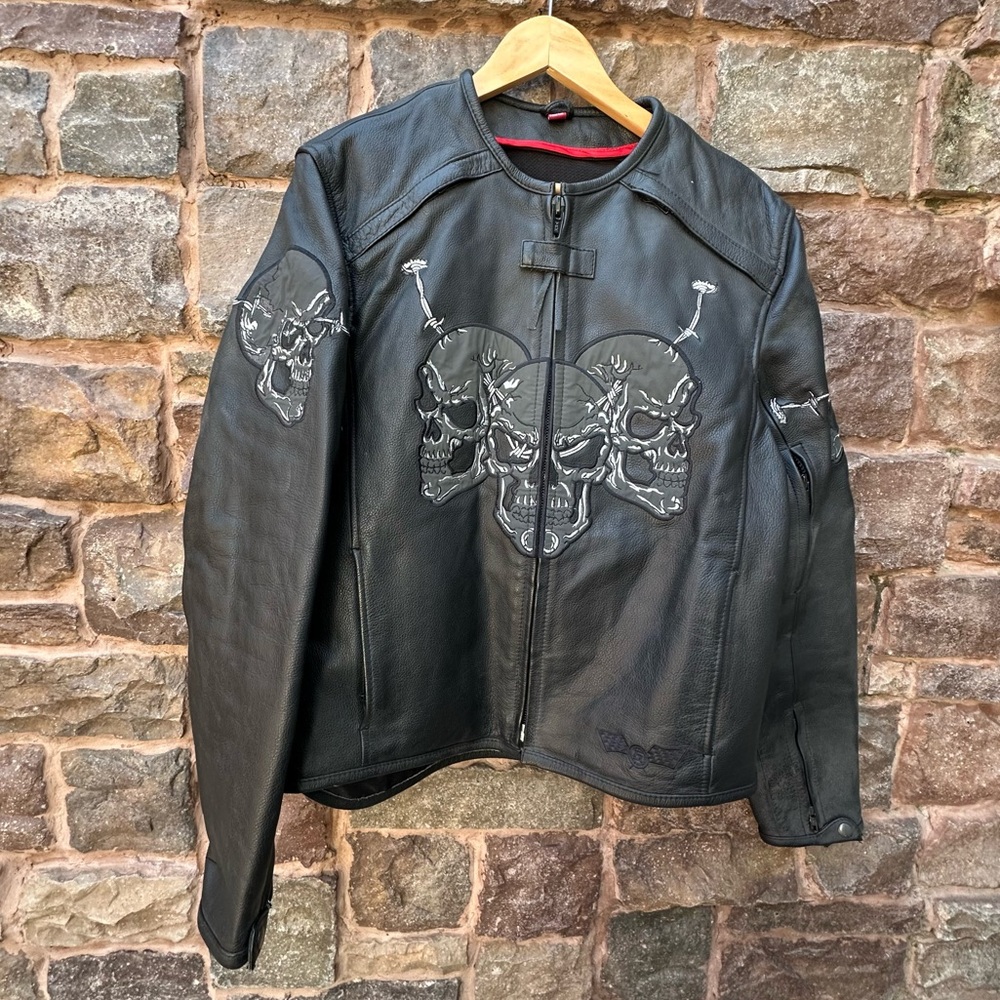 FIRST RACING FIRST GEAR MEN’S BLACK LEATHER REFLECTIVE SKULL MOTORCYCLE JACKET S